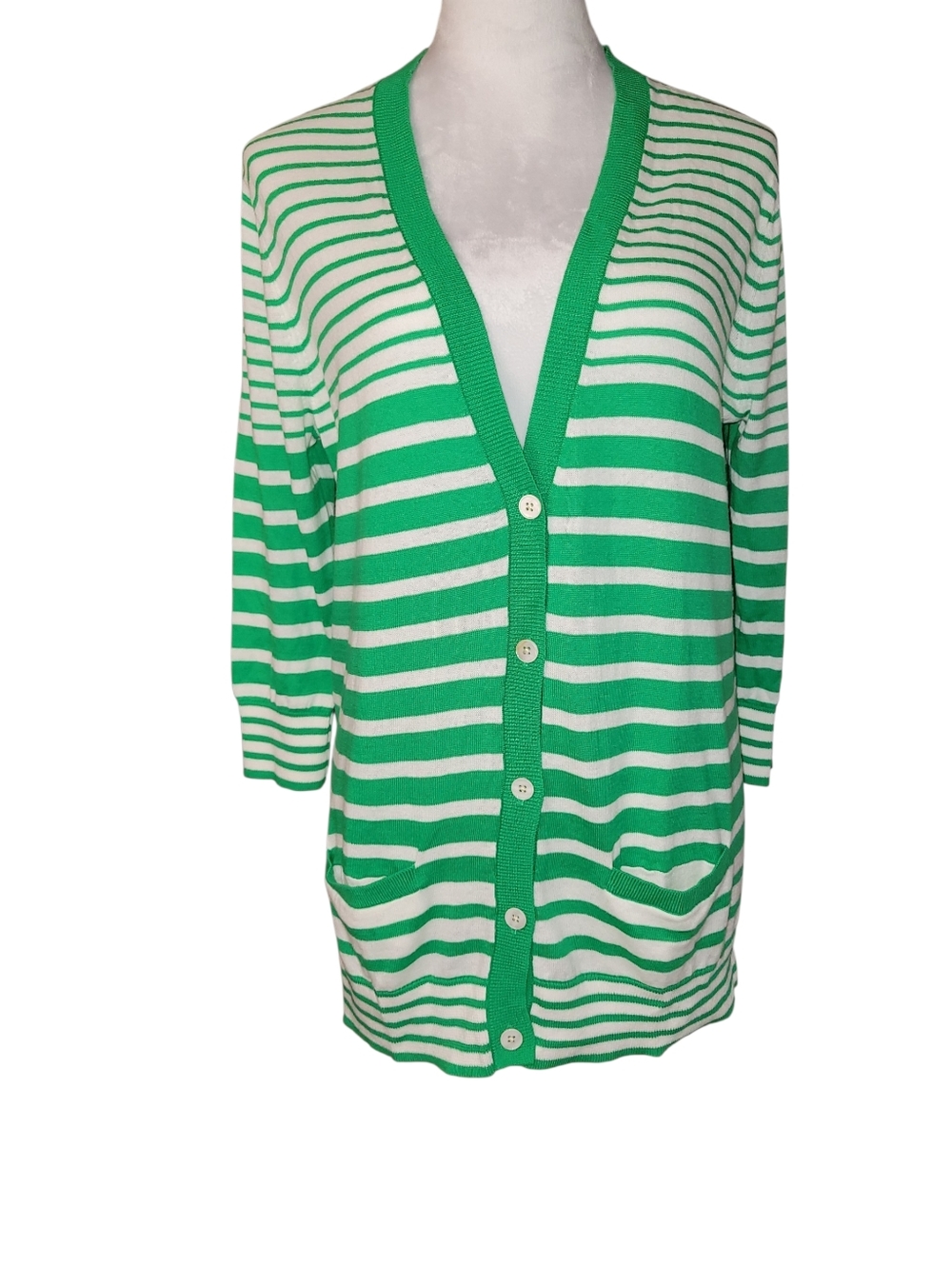 Gap Green & White Striped Deep V-Neck Cardigan Sweater With Pockets Size Med